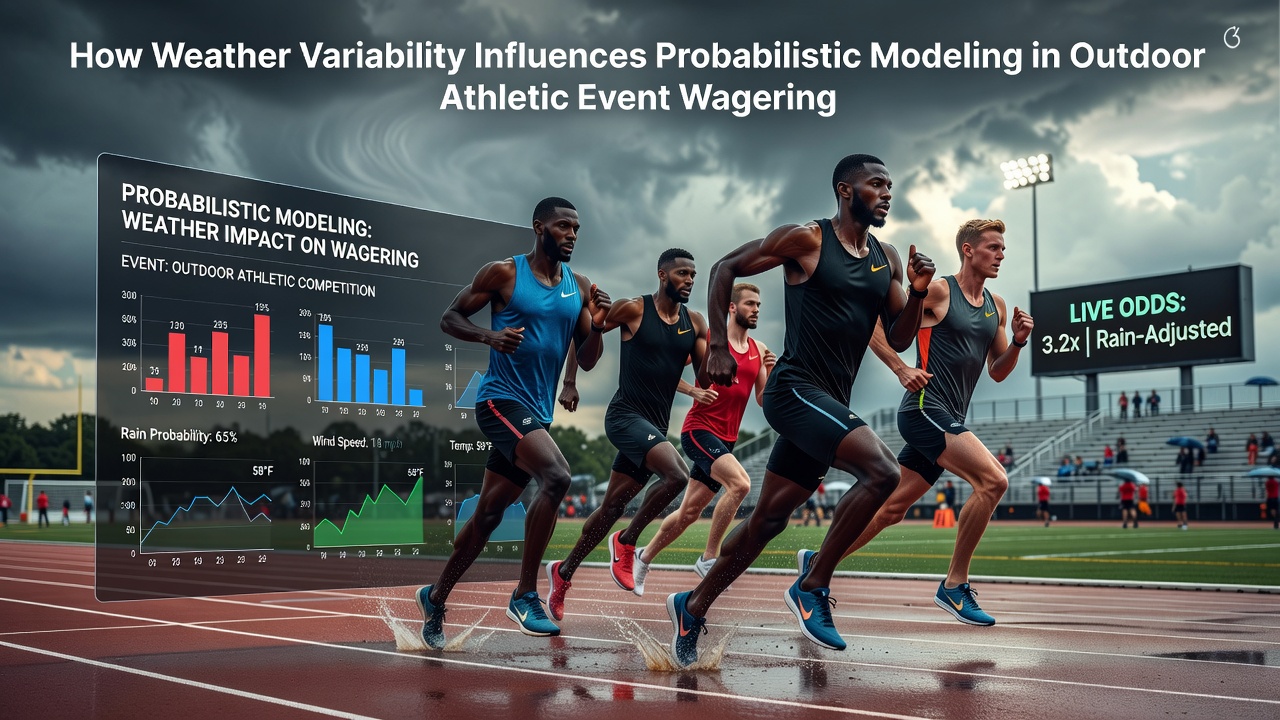 Weather data visualization showing temperature and wind patterns overlaid on an outdoor sports field for probabilistic betting analysis