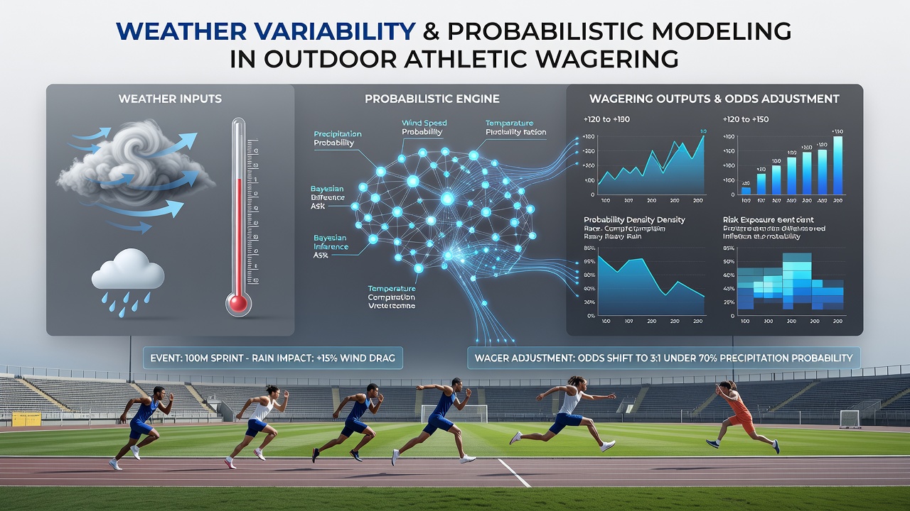 Probabilistic model dashboard displaying weather-adjusted betting odds for an outdoor marathon with variable wind and temperature inputs