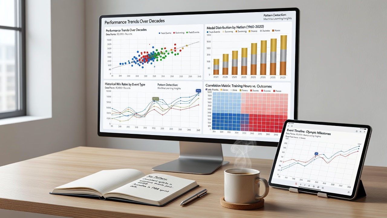 Analysts reviewing multi-year sports statistics on multiple screens in a data center